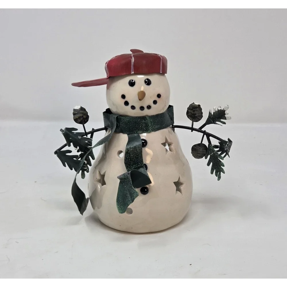 Hallmark Ceramic Snowman Tealight Candle Holder Star Cutouts Scarf Beret